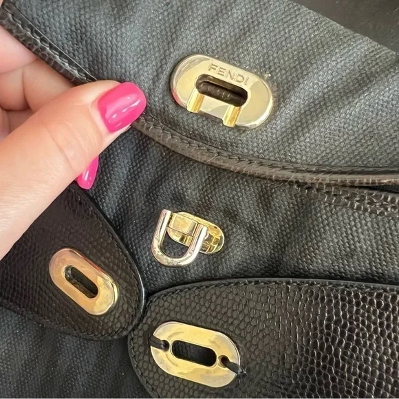 FENDI Vintage leather and coated canvas bag, striped, black 14”x10”, authentic - Picture 8 of 17